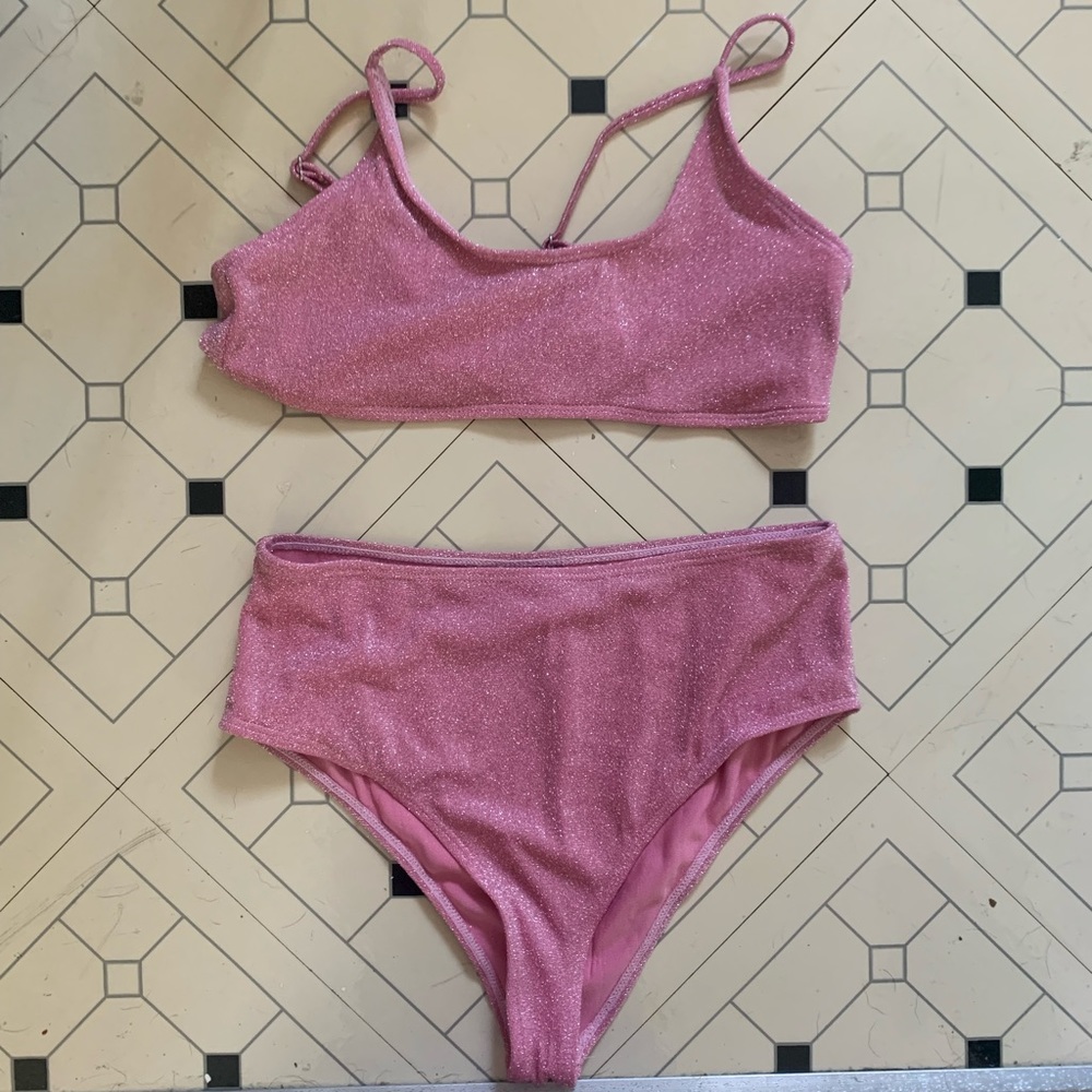Shein Pink Glittery High Waisted Bikini Set